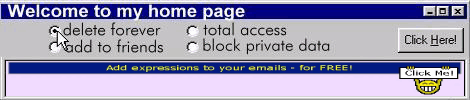 an old windows web bar that says "welcome to my home page", a scam ad banner of free emojis for emails is underneath it