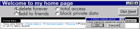 an old windows web bar that says "welcome to my home page", a scam ad banner for free websites is underneath it