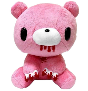 a plushie of gloomy bear, a pink bear with bloody claws, sitting